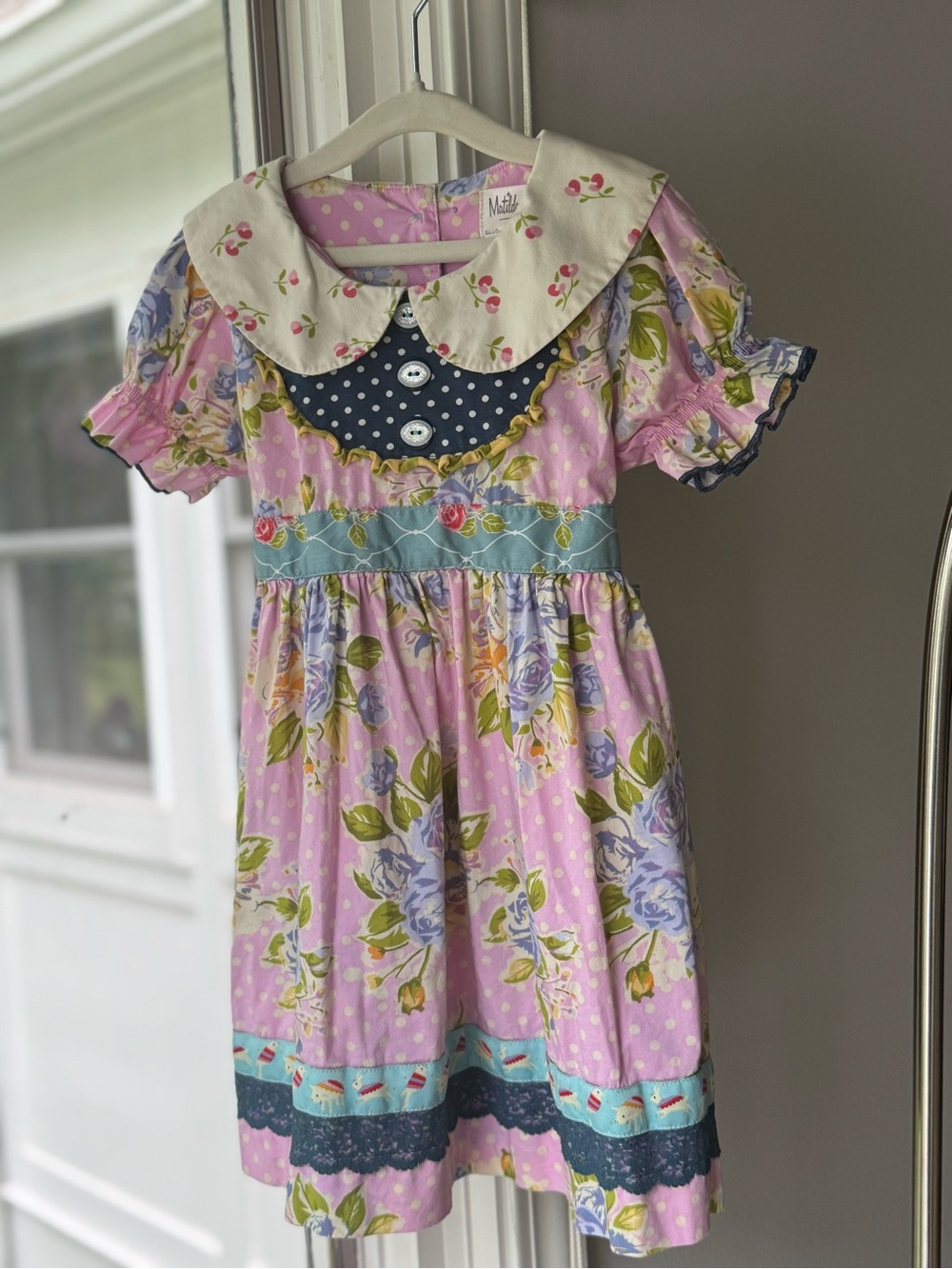 +NWOT Matilda Jane Good Hart Veranda Dress Pink Floral Navy Polka Dot 4T